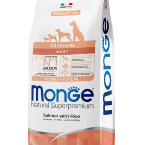 Monge Câini Monoprotein Adult - All Breeds - Somon și Orez - 12kg - Superpremium