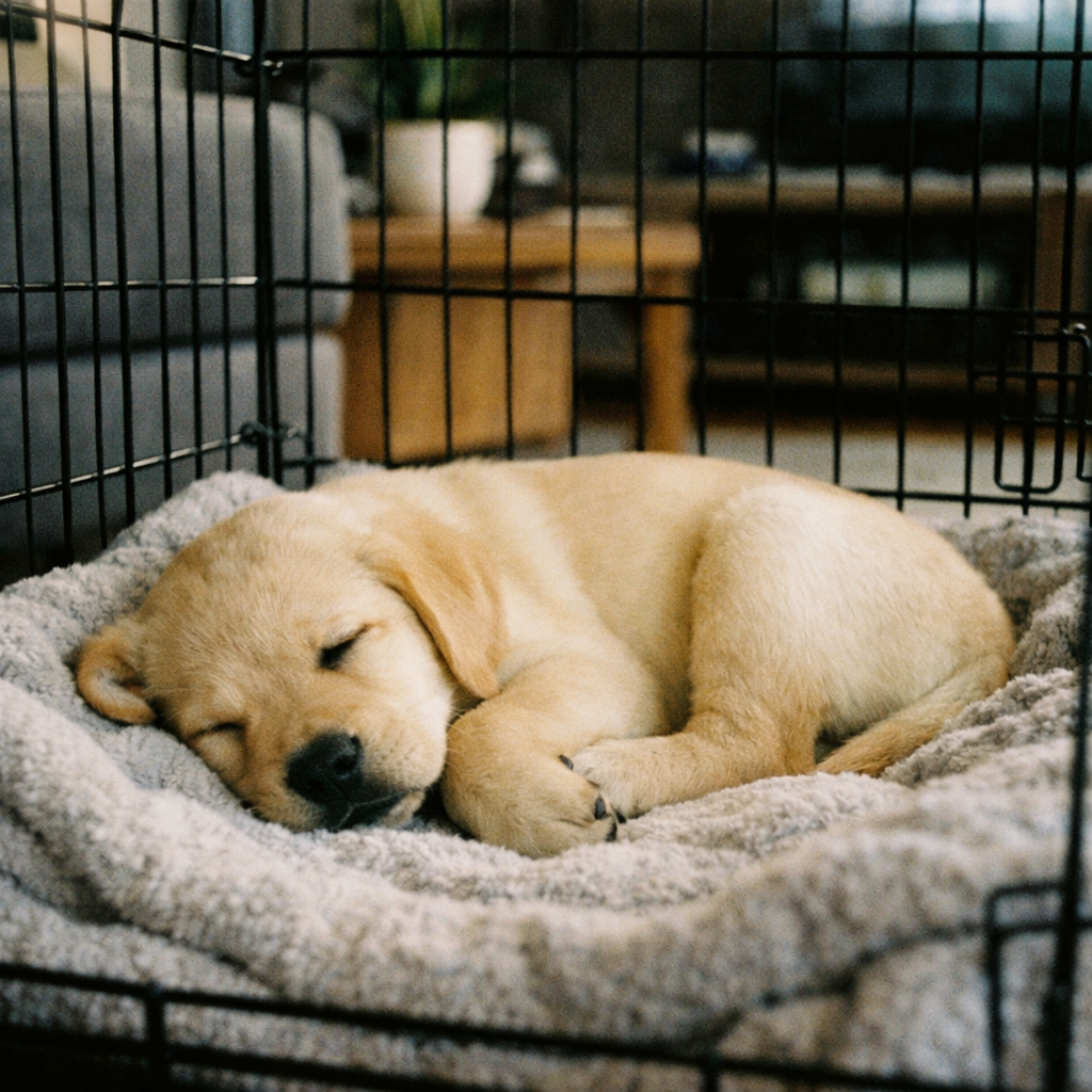 pui de labrador fericit în cușcă metalică dresaj